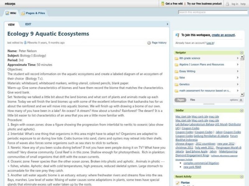 Aquatic Ecosystems Lesson Plan