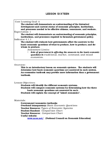 Types of Economic Systems Lesson Plan