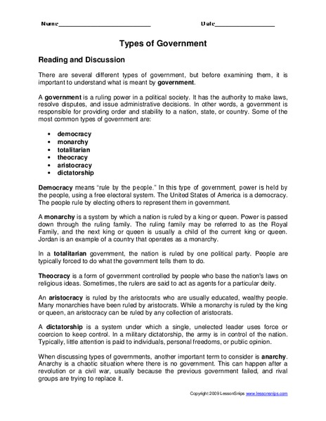 Types of Government Worksheet