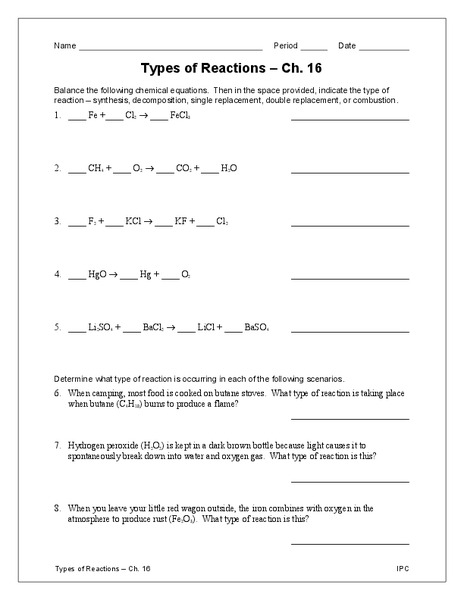 Types of Reactions Worksheet
