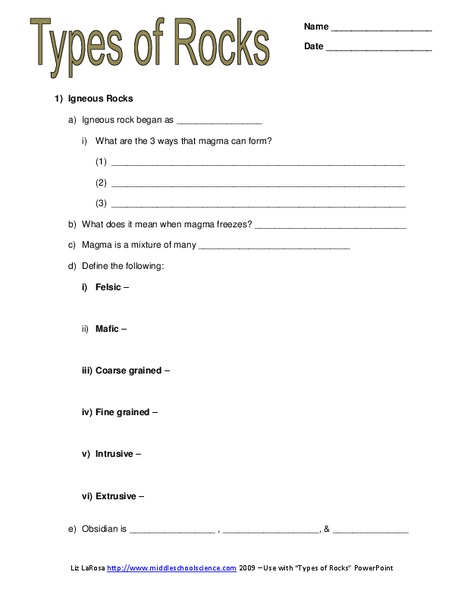 Types of Rocks Worksheet