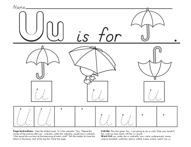 Uu is for Umbrella Worksheet