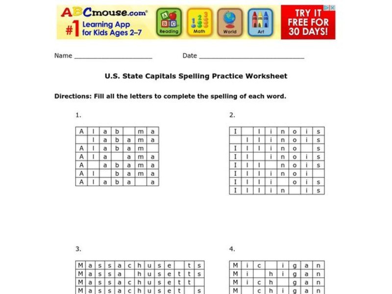 U.S. State Capitals Spelling Activity Worksheet