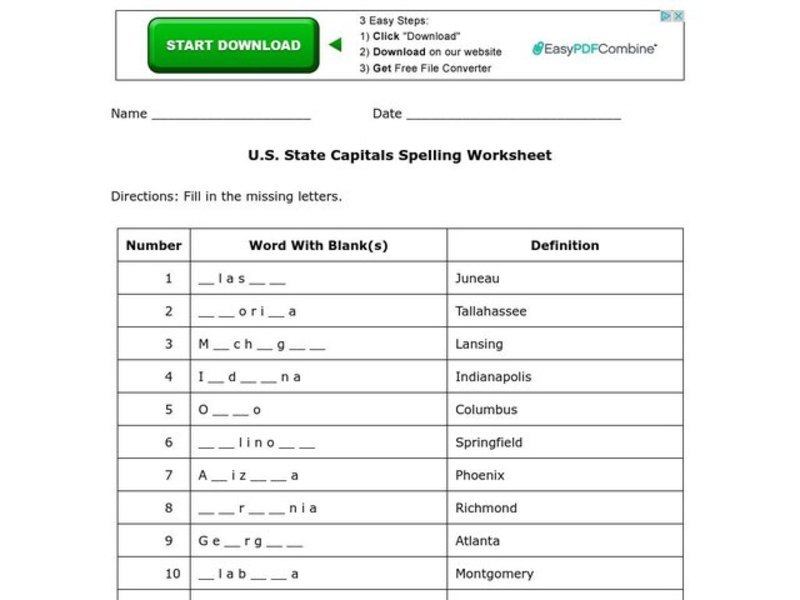 U.S. State Capitals Spelling Activity Worksheet