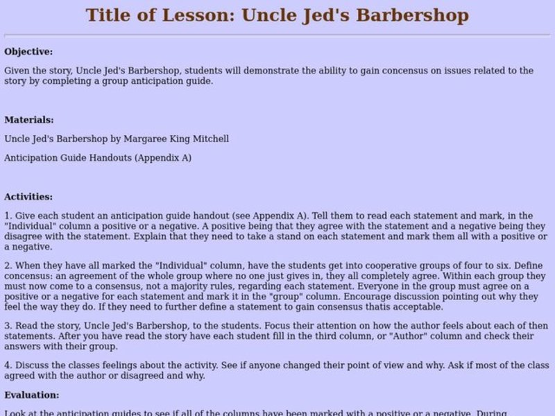 Uncle Jed's Barbershop Lesson Plan