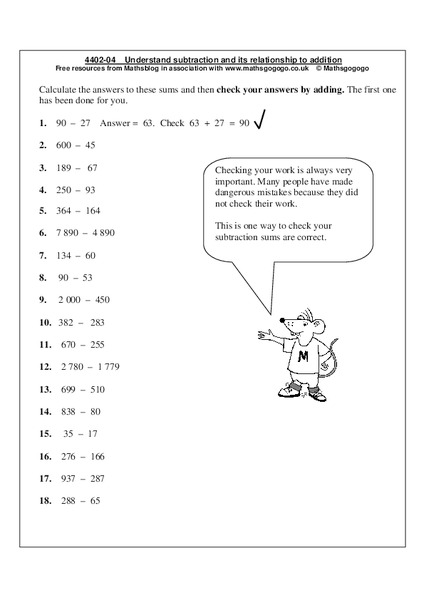 Understand Subtraction and its Relationship to Addition Worksheet