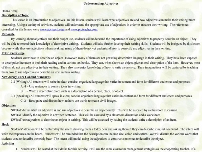 Understanding Adjectives Lesson Plan