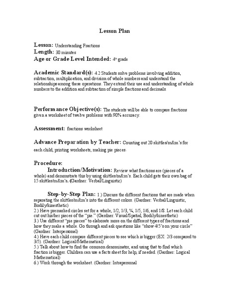 Understanding Fractions  Lesson Plan