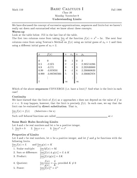 Understanding Limits Worksheet