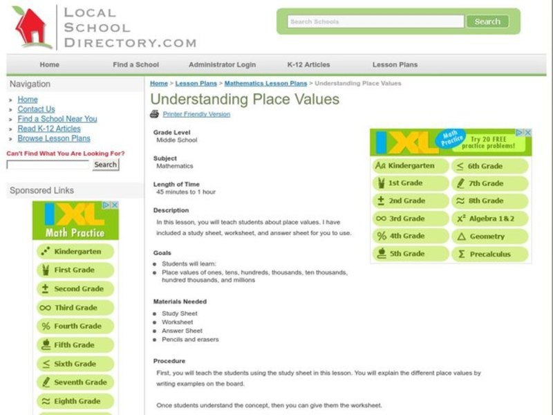 Understanding Place Values Lesson Plan