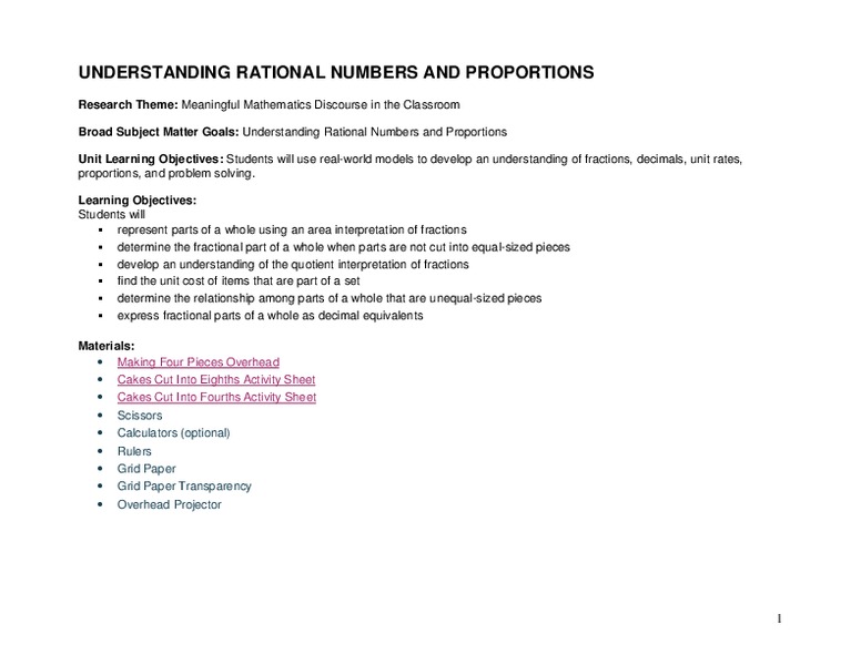 Understanding Rational Numbers and Proportions Lesson Plan