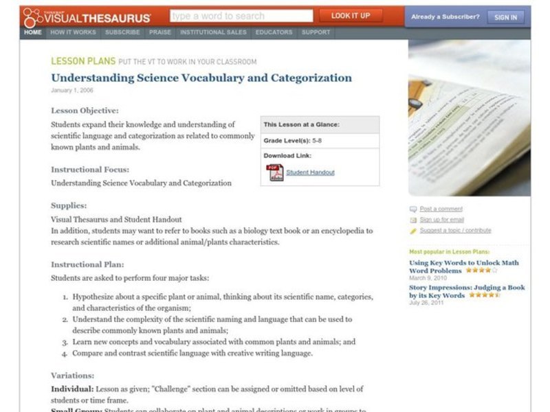 Understanding Science Vocabulary And Categorization Lesson Plan