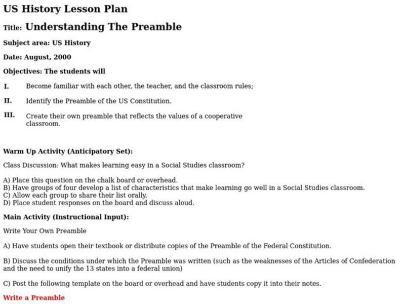 Understanding The Preamble Lesson Plan