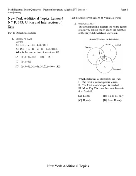 Union and Intersection of Sets Worksheet