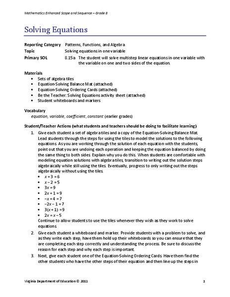 Solving Equations Lesson Plan