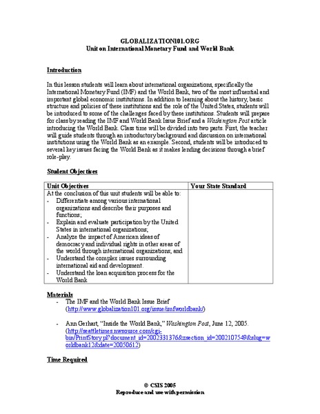 Unit on International Monetary Fund and World Bank Lesson Plan