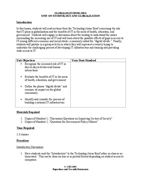 Unit on Technology and Globalization Lesson Plan