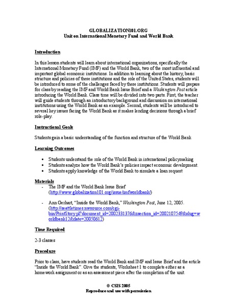 Unit on International Monetary Fund and World Bank Lesson Plan