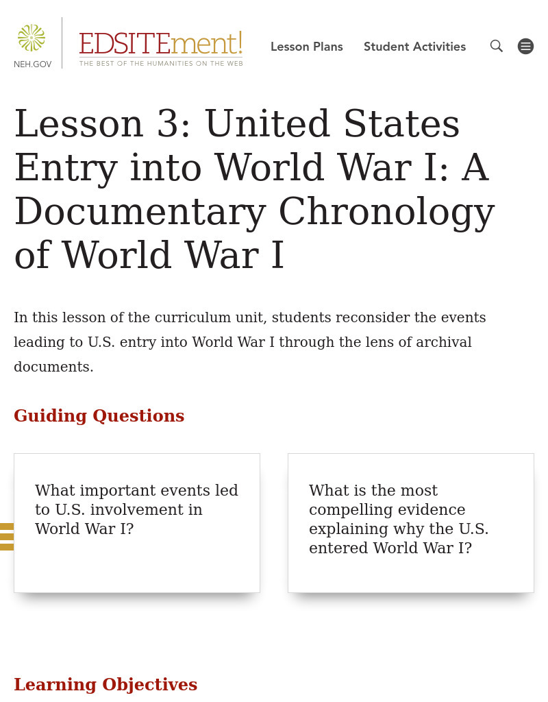 United States Entry into World War I: A Documentary Chronology of World War I Lesson Plan