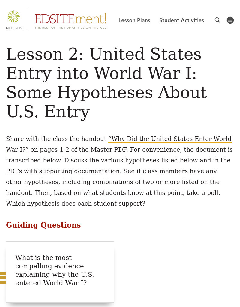 United States Entry into World War I: Some Hypotheses About U.S. Entry Lesson Plan