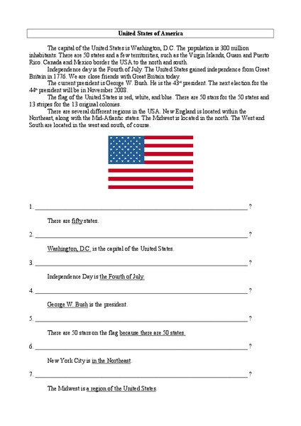 United States of America Worksheet