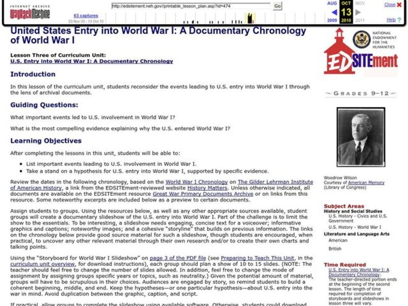 United States Entry into World War I: A Documentary Chronology of World War I Lesson Plan
