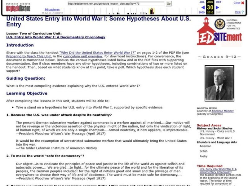 United States Entry into World War I: Some Hypotheses About U.S. Entry Lesson Plan
