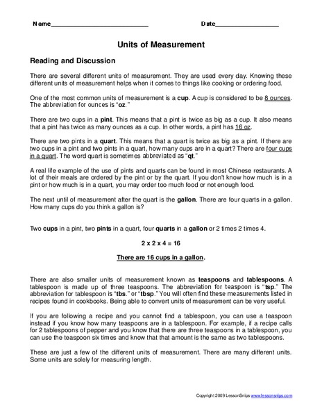 Units of Measurement Worksheet