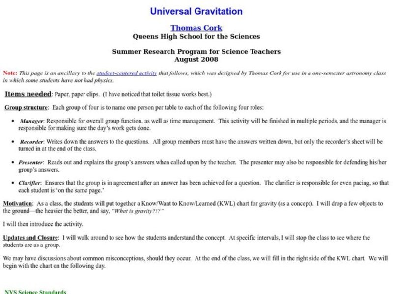 Universal Gravitation Lesson Plan