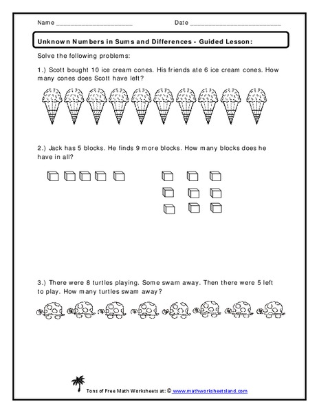 Unknown Numbers in Sums and Differences Worksheet