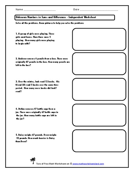 Unknown Numbers in Sums and Differences Worksheet