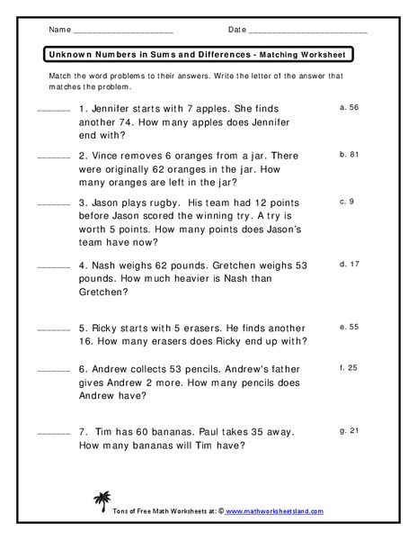 Unknown Numbers in Sums and Differences Worksheet