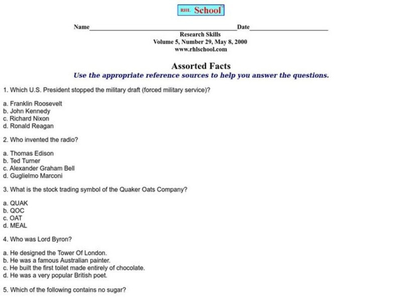 Assorted Facts Worksheet