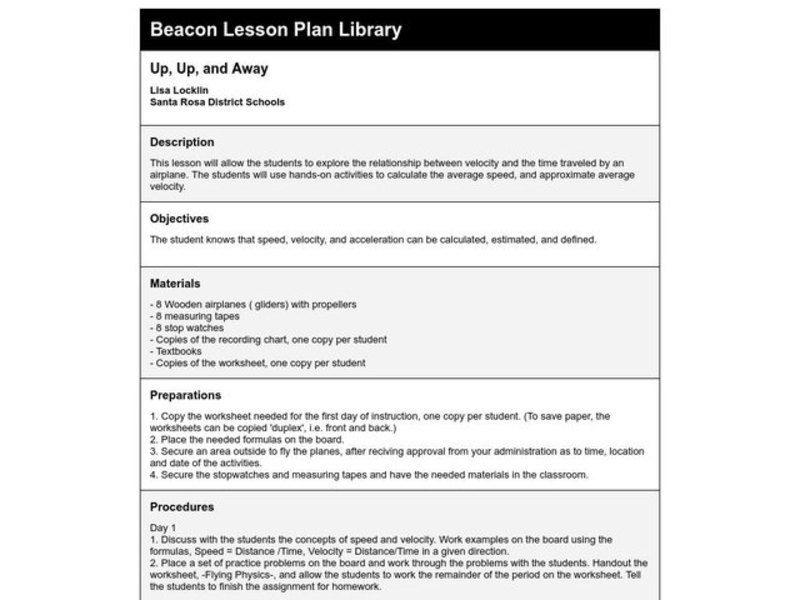 Up, Up, and Away Lesson Plan