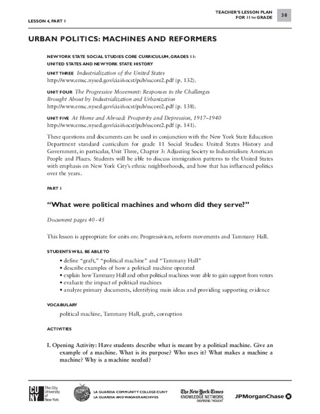 Urban Politics: Machines and Reformers Lesson Plan