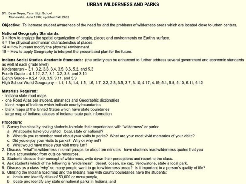 URBAN WILDERNESS AND PARKS Lesson Plan