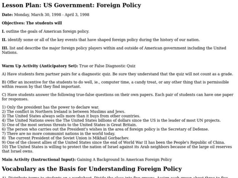 US Government: Foreign Policy Lesson Plan
