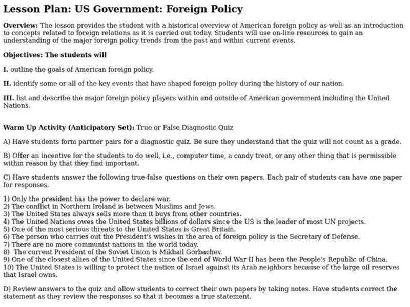 US Government: Foreign Policy Lesson Plan