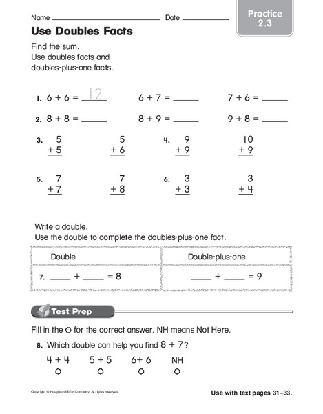 Use Doubles Facts Worksheet