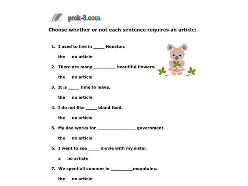 Article Adjectives Worksheet