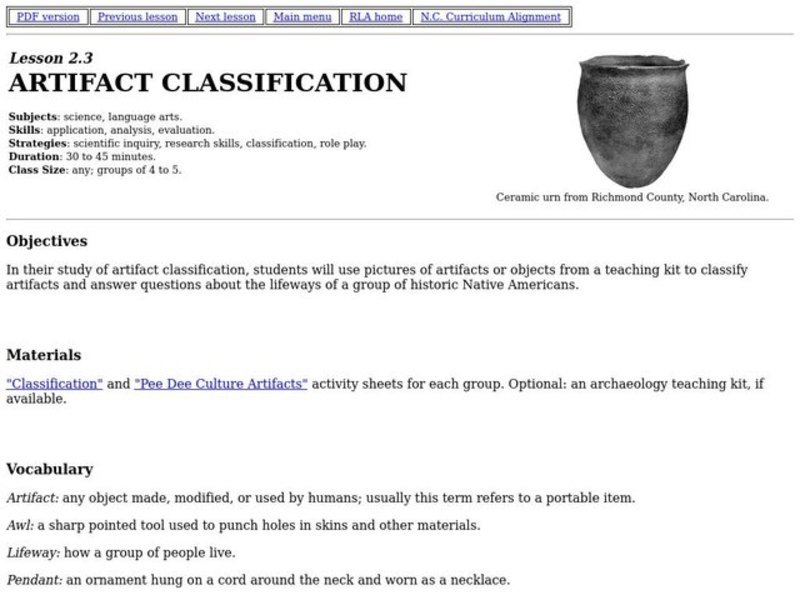 Artifact Classification Worksheet