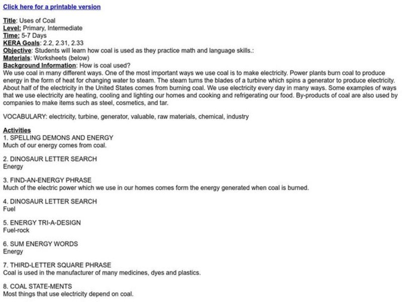 Uses of Coal Worksheet