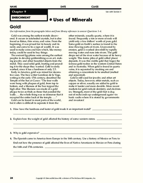 Uses of Minerals Worksheet