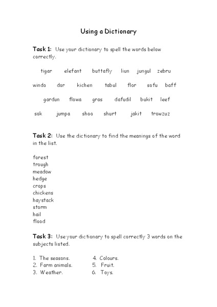 Using a Dictionary Worksheet