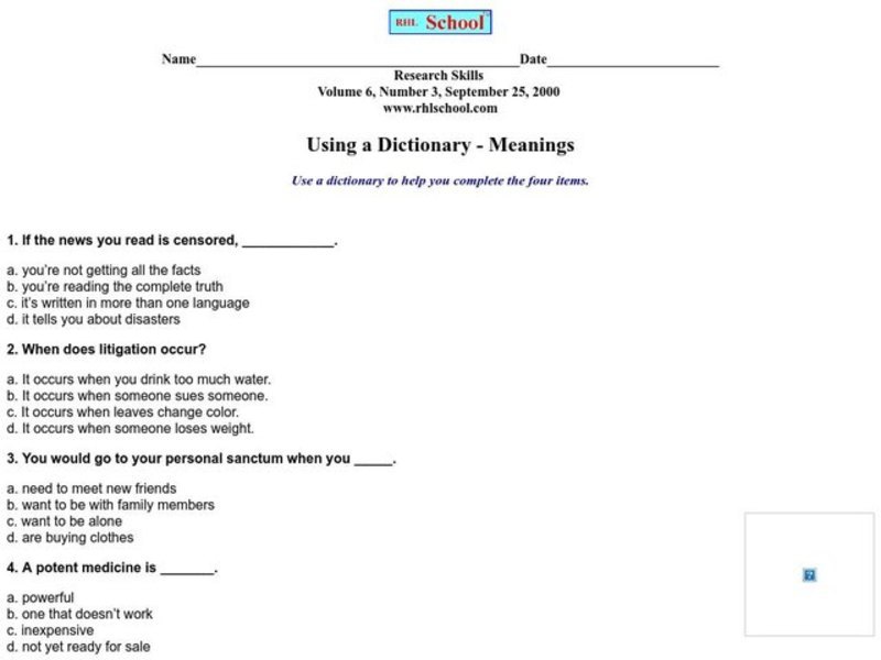 Using a Dictionary - Meanings Worksheet