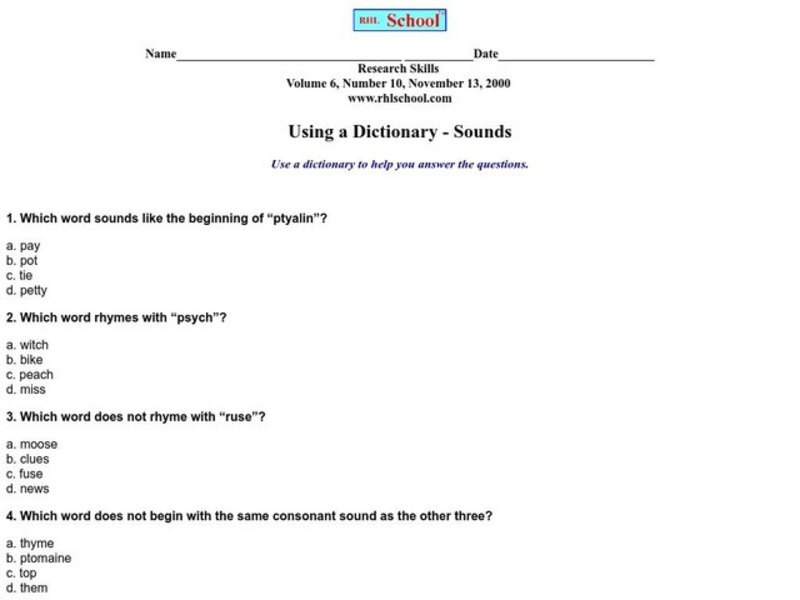 Using a Dictionary - Sounds Worksheet
