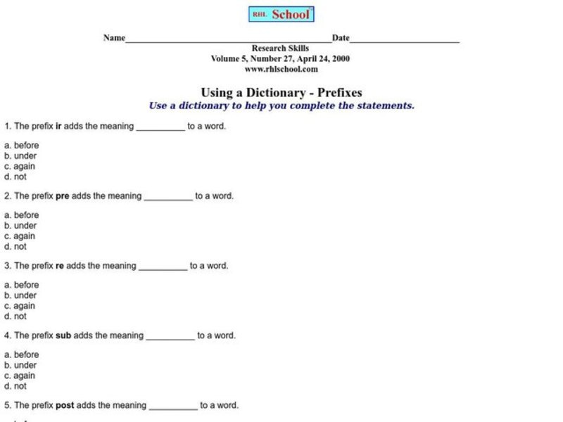 Using a Dictionary - Prefixes Worksheet