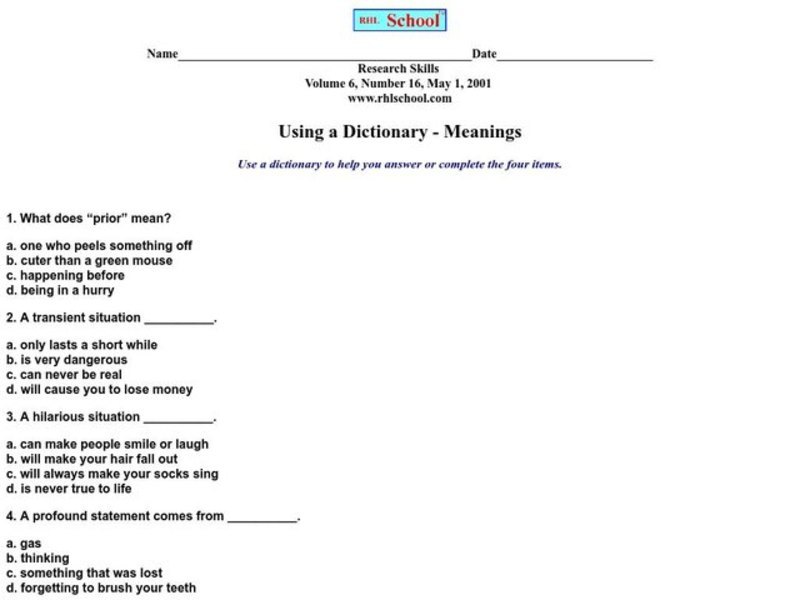 Using a Dictionary - Meanings Worksheet