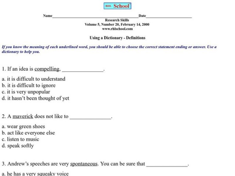 Using a Dictionary- Definitions Worksheet