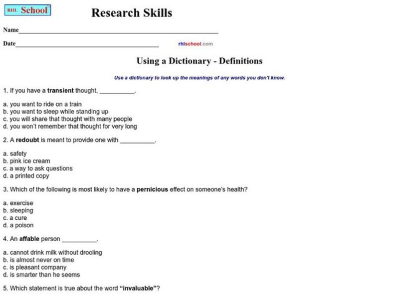 Using a Dictionary--Definitions Worksheet